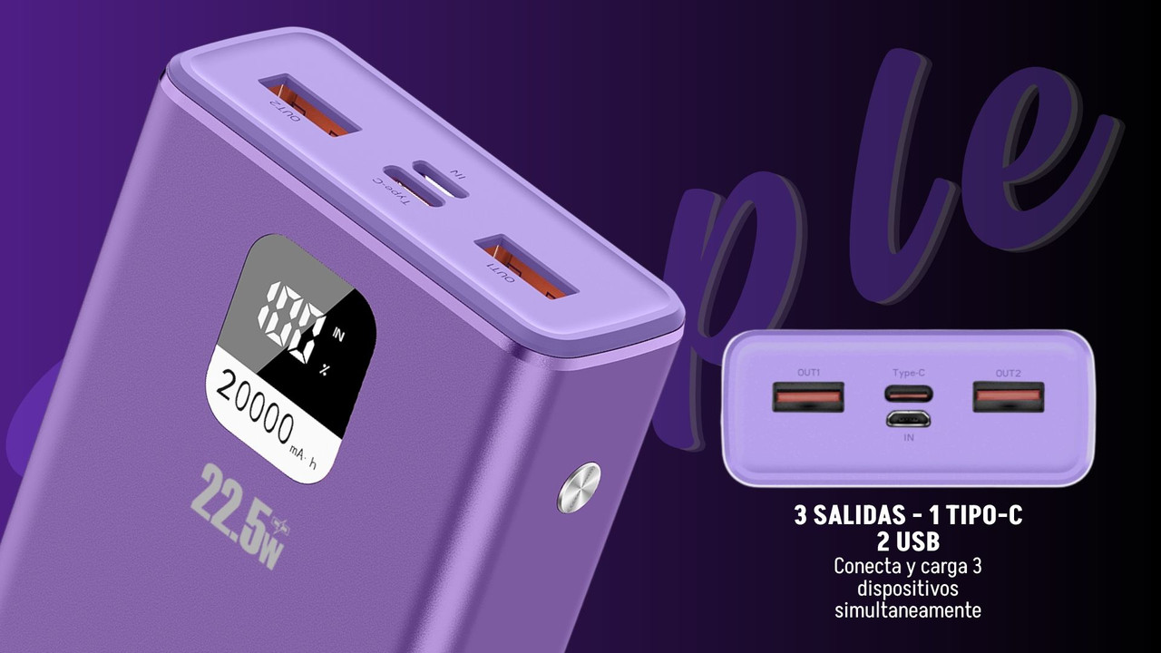 Power Bank Master-G 20000mAh 22.5W Carga Rápida Pantalla LCD Morado UCP20MPD 2