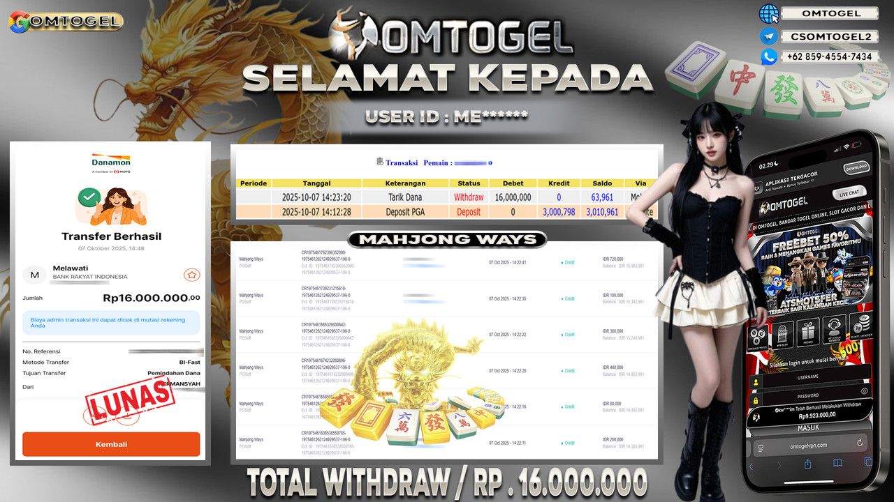 OMTOGEL JACKPOT PGSOFT MAHJONG WAYS 16 JUTA DI BAYAR LUNAS ,-