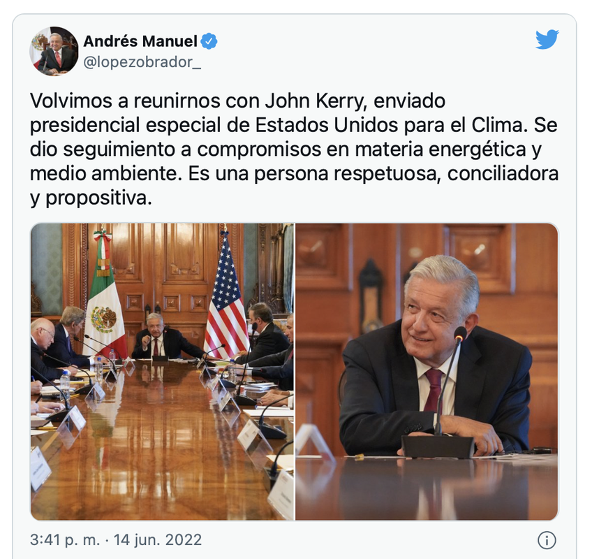 AMLO dio seguimiento a compromisos energéticos y ambientales al reunirse con Kerry