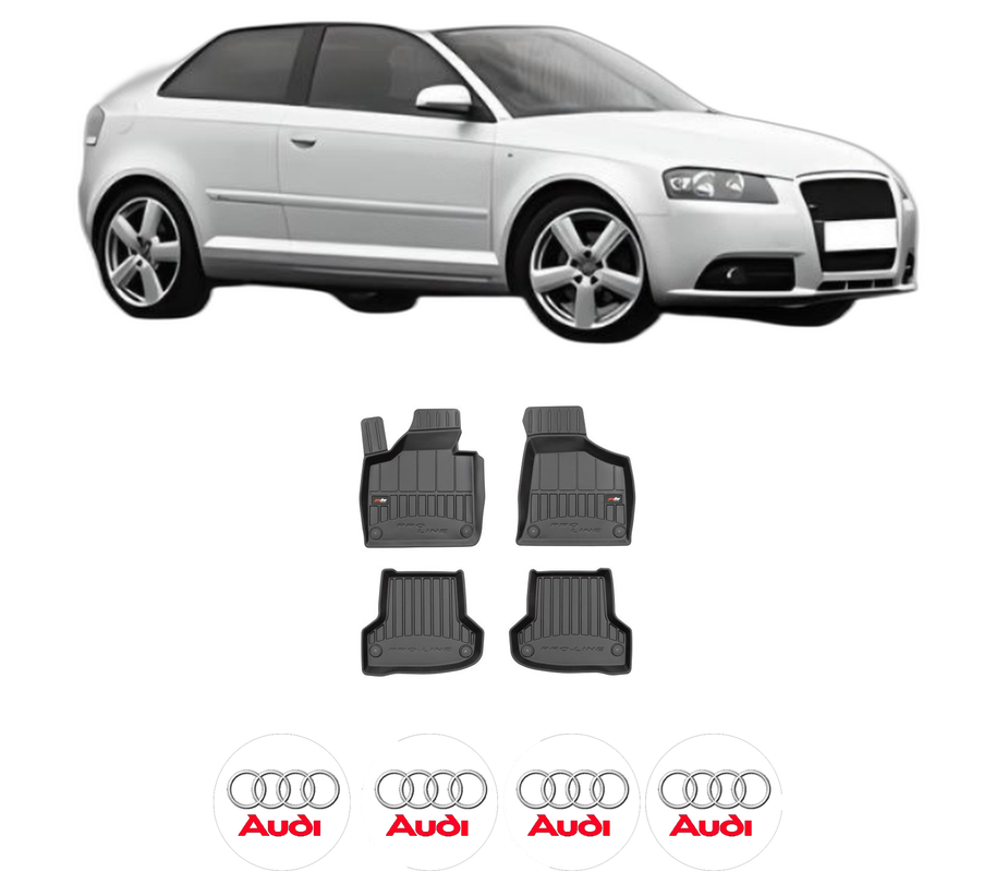 Set covorase presuri AUDI A3 (8P1) din 2003-2012, auto, din cauciuc thermoplastic, 4 Stickere auto cu AUDI