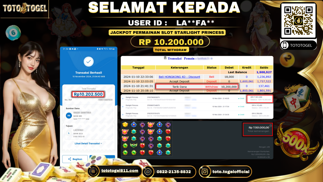 Bukti Pembayaran Jackpot Permainan Slot Starlight Princess ID:LA**FA** LUNAS 