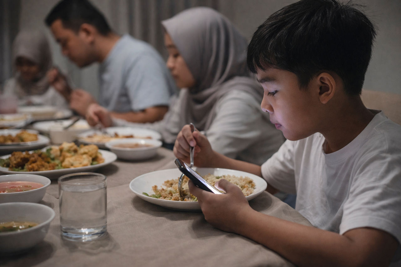 [Anak makan sambil tengok phone]