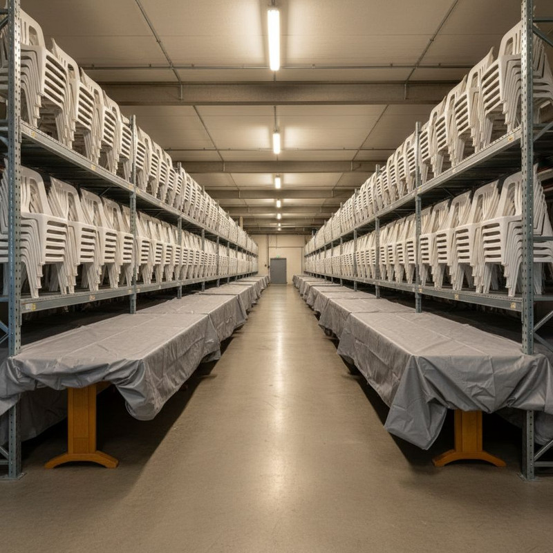 Складское помещение с аккуратно сложенной мебелью для мероприятий, демонстрирующее правильное хранение и уход за инвентарем.