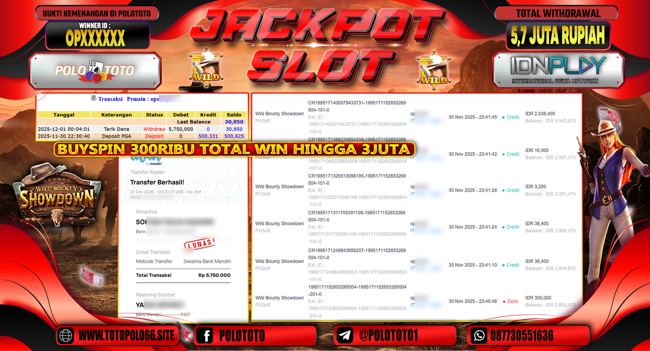 POLOTOTO JACKPOT SLOT WILD BOUNTHY SHOWDOWN Rp.5.700.000,- LUNAS