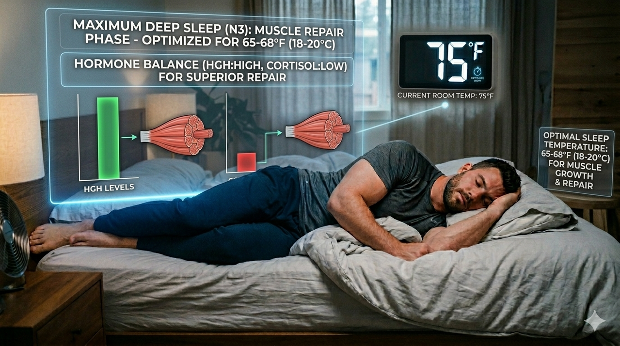 Digital thermometer in bedroom showing 67°F for optimal sleep temperature for maximum muscle repair