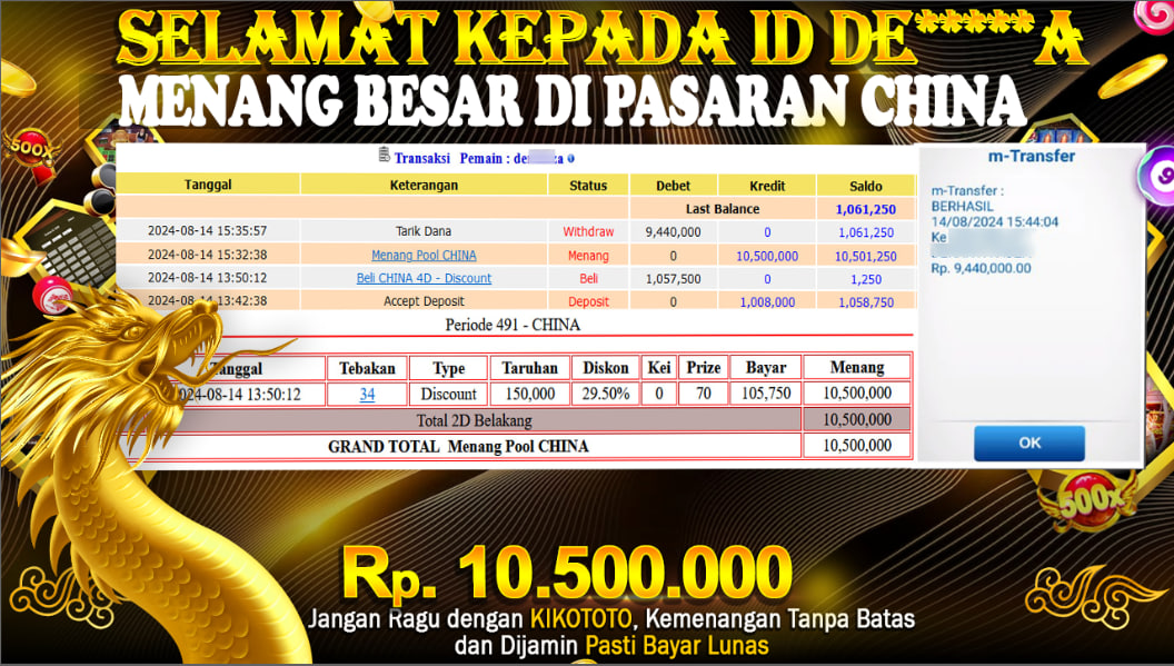 LAGI - LAGI !! MENANG BESAR DI TOGEL PASARAN CHINA SEBESAR Rp 10,500,000 LANGSUNG DAN TANPA BASA BASI DI BAYAR KIKOTOTO !!!
