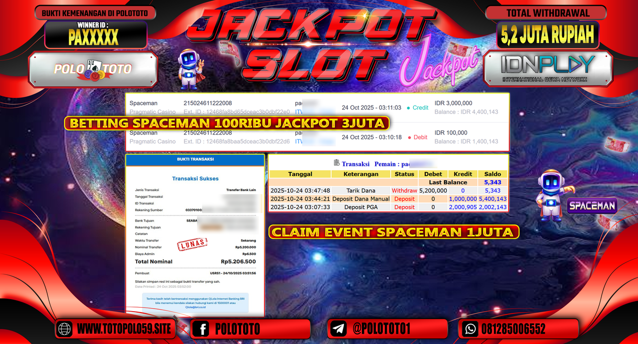 POLOTOTO JACKPOT SLOT SPACEMAN Rp.5.200.000,- LUNAS