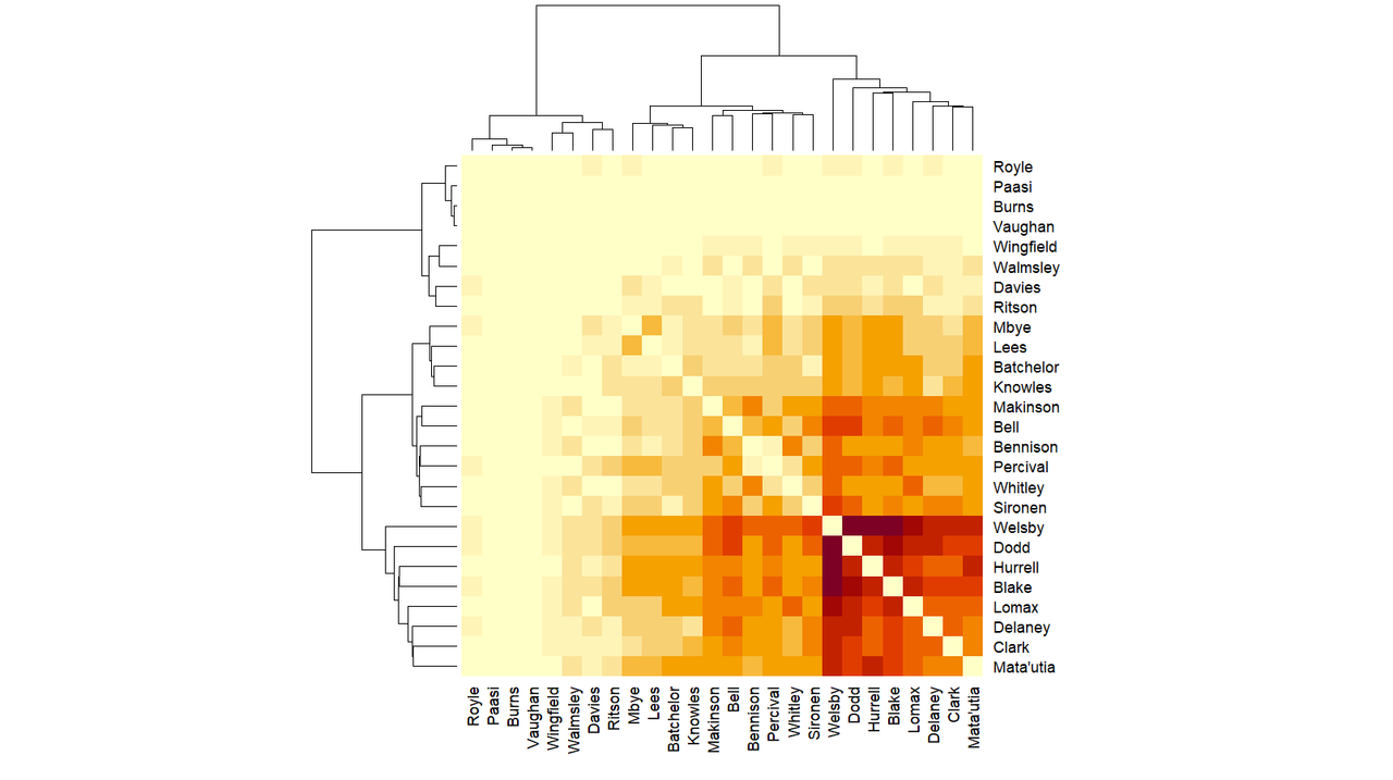 Network matrix of which players are together most frequently when Saints concede. The edges are each divided into almost quarters. The darkest quarter (the players who are together most frequently when Saints concede) is at the right most and bottom of the two axes. Next (moving left or up) is a paler area, then another area only slightly paler but different enough to be visible, then a big change in paleness to the palest quarter (leftermost or top).
