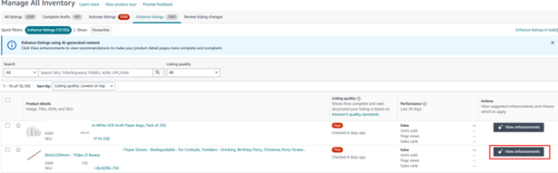 Manage All Inventory tab bar in Amazon Seller Central showing the new Enhance Listings tab with 1,023 queued listings