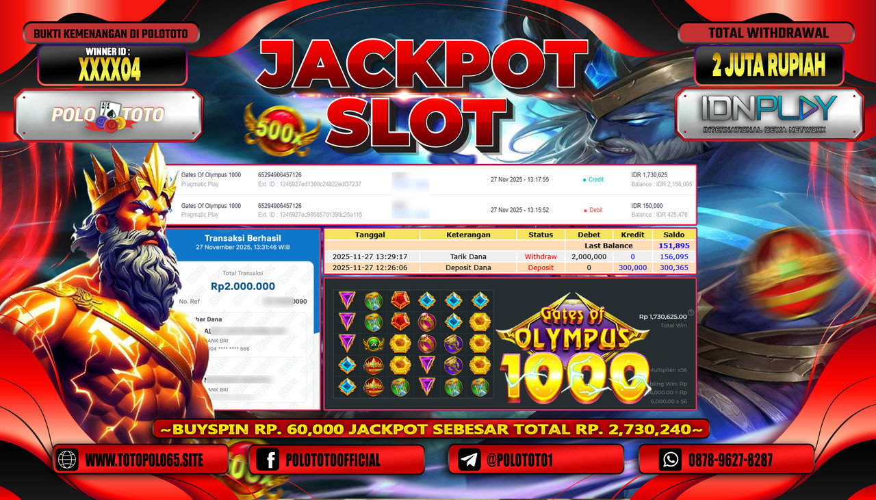 POLOTOTO JACKPOT SLOT GATES OF OLYMPUS 1000 Rp.2.000.000,- LUNAS