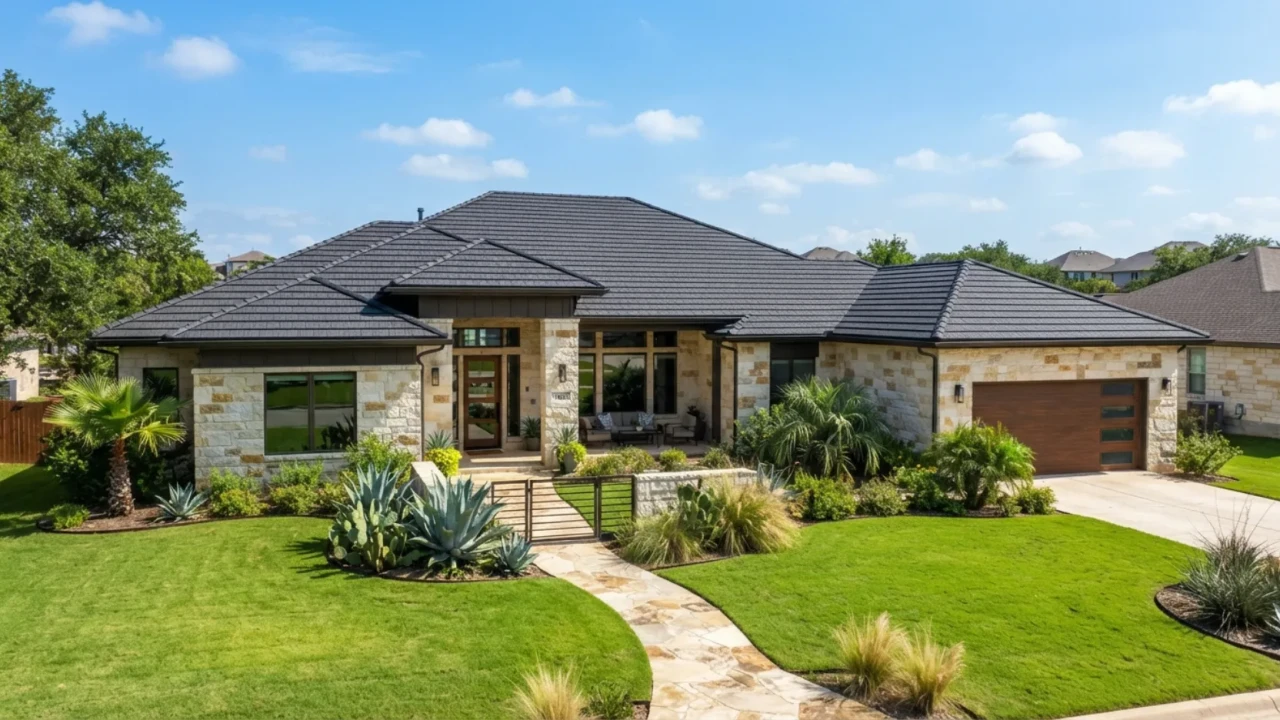 Stone coated steel metal roofing tiles installed on a San Antonio Texas home