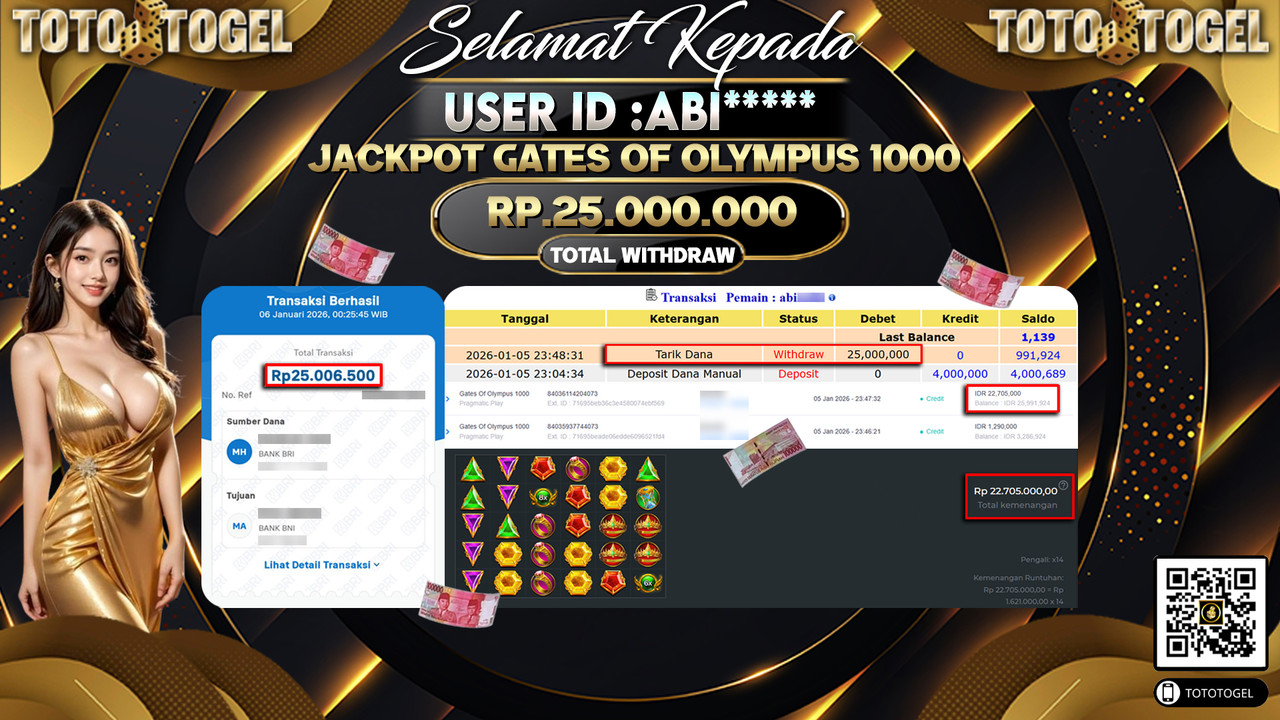 Bukti Pembayaran Jackpot Permainan Slot Gates Of Olympus 1000 ID:ABI**** LUNAS