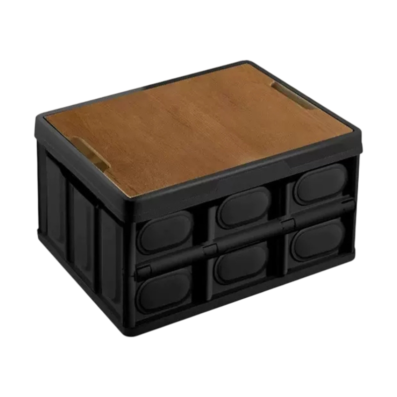 Black Collapsible Medium Standard Storage Box with Wooden Table Top(42x28x23CM) - Car Trunk Organiser for global Camping & Home Use