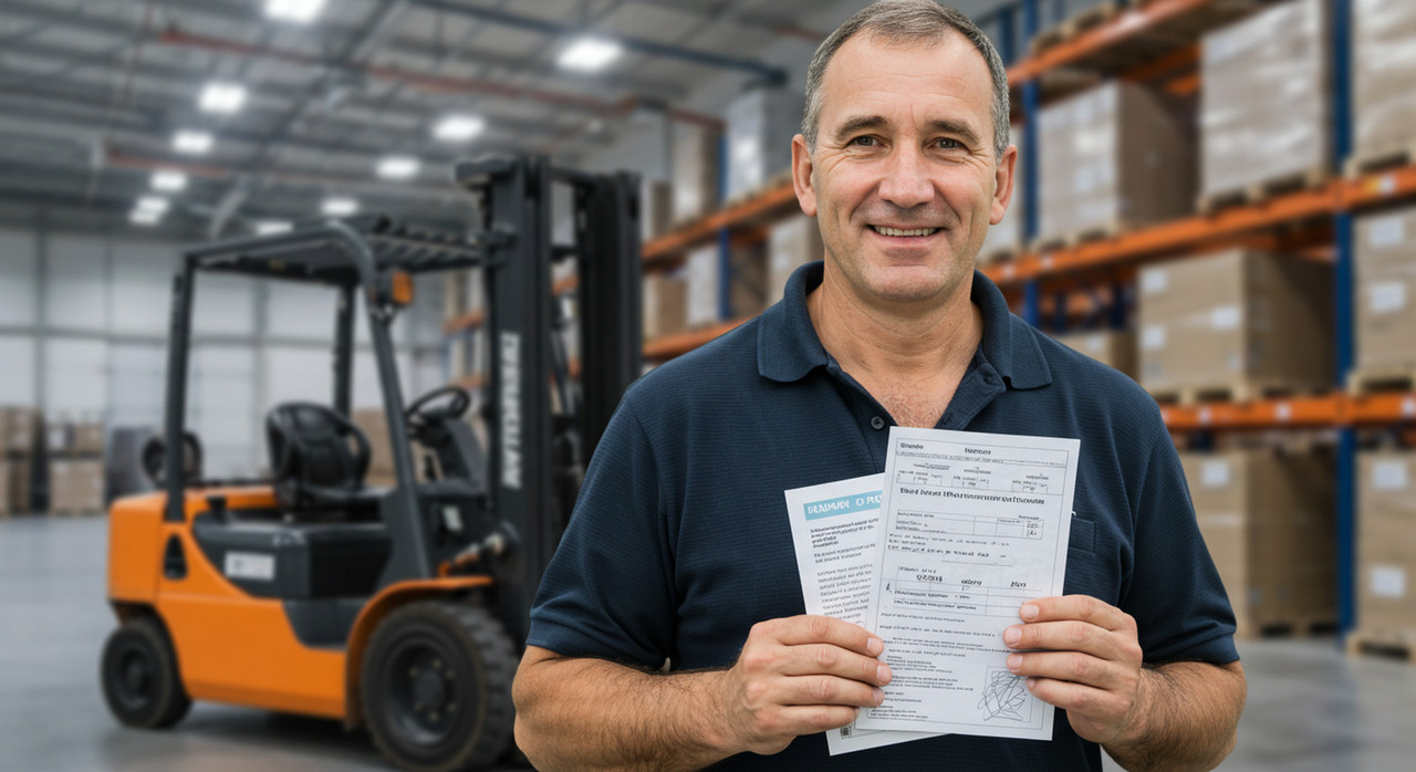 Успешный водитель погрузчика держит удостоверение тракториста-машиниста после получения прав и трудоустройства.