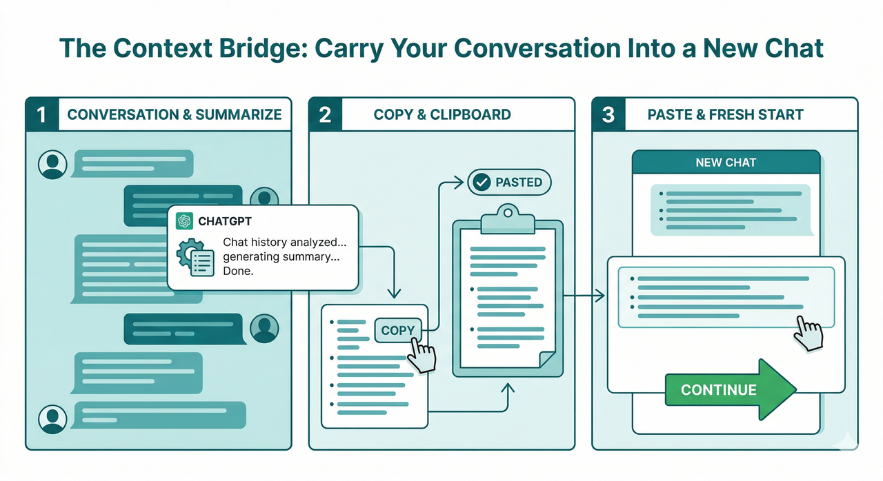 Context Bridge method — carry ChatGPT conversation into a new chat