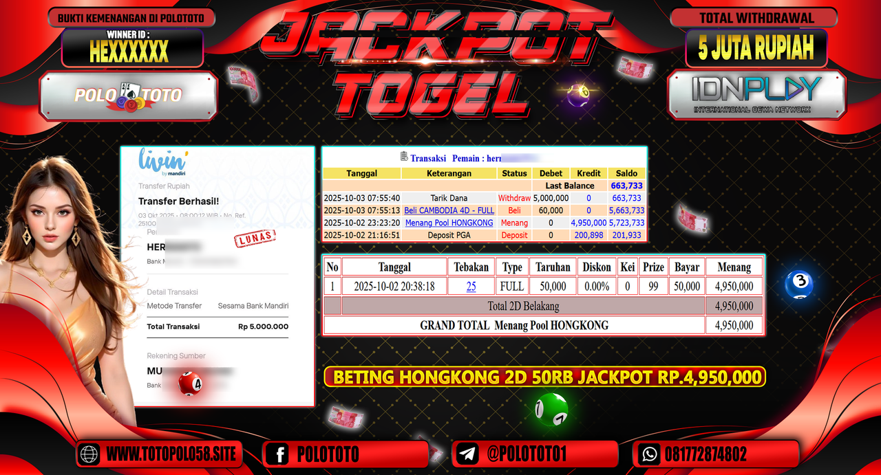 POLOTOTO JACKPOT TOGEL HONGKONG LOTTO Rp.5.000.000,- LUNAS