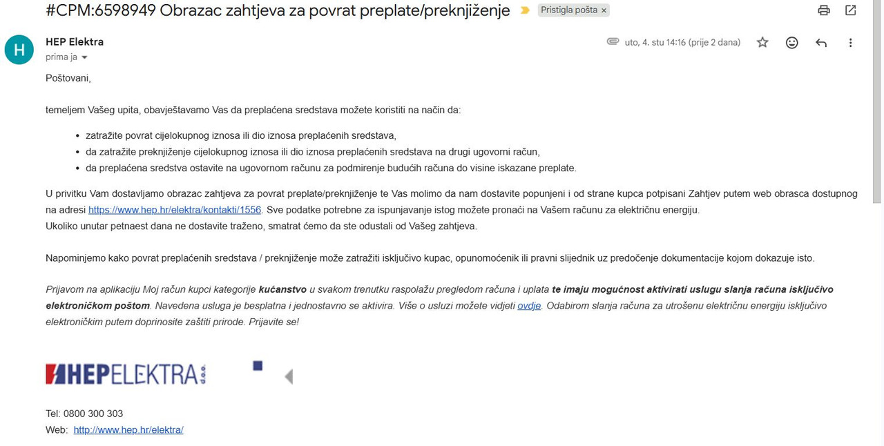 Elektra povrat preplate