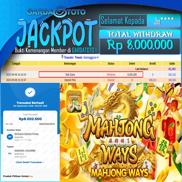 JACKPOT DI PERMAINAN  SLOT PG SOFT MAHJONG WAYS  WD Rp 8.000.000,- DIBAYAR LUNAS GARDATOTO MANTAP !