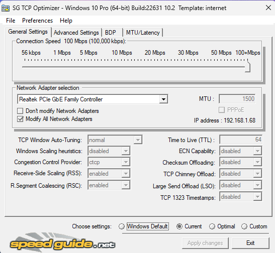 TCP Optimizer Default Window Settings TCP Optimizer Window you should see after running the exe file.