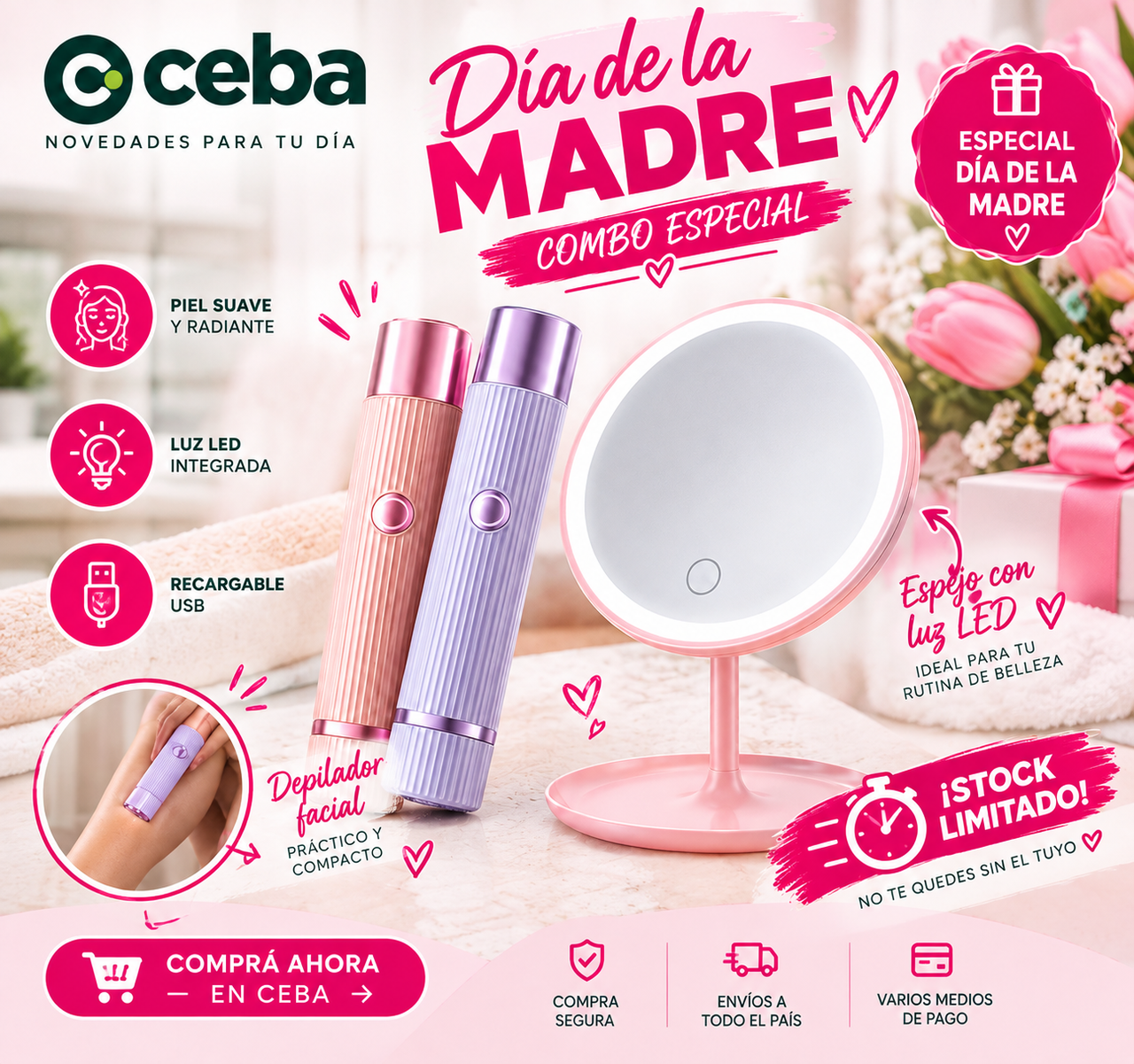 Combo de depilador y espejo LED para regalar
