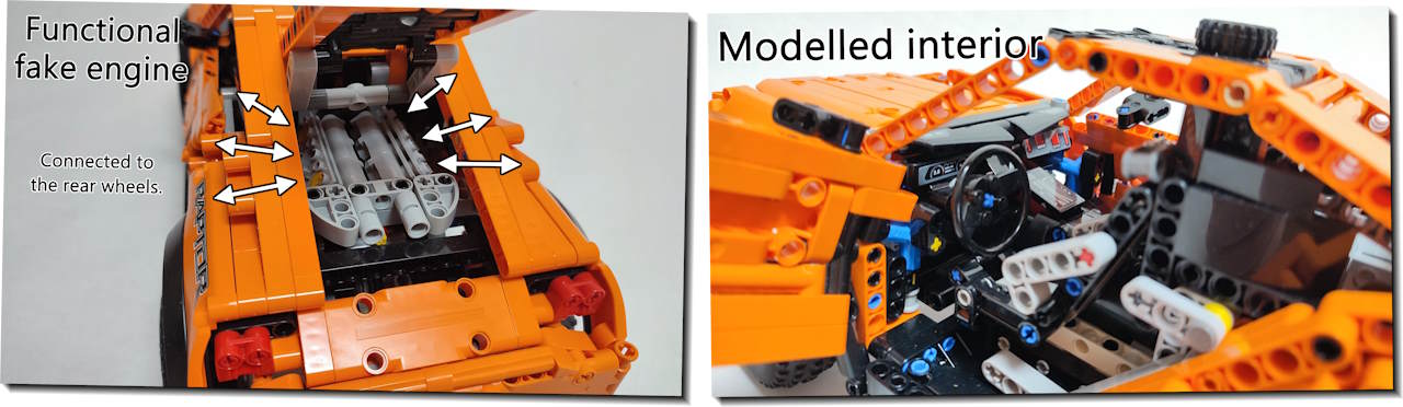 Lego Technic MOC Zarooq SandRacer has a functional fake engine and modelled interior