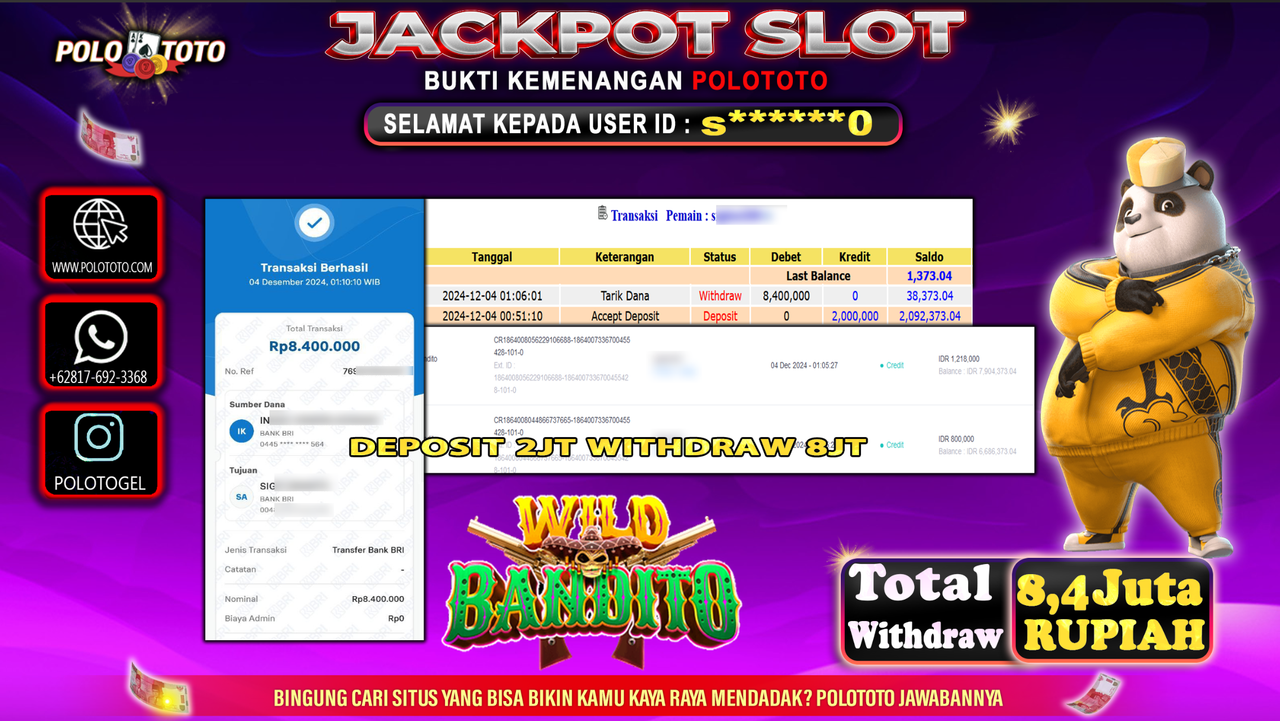 POLOTOTO JACKPOT SLOT WILD BANDITO Rp.8,400.000,-