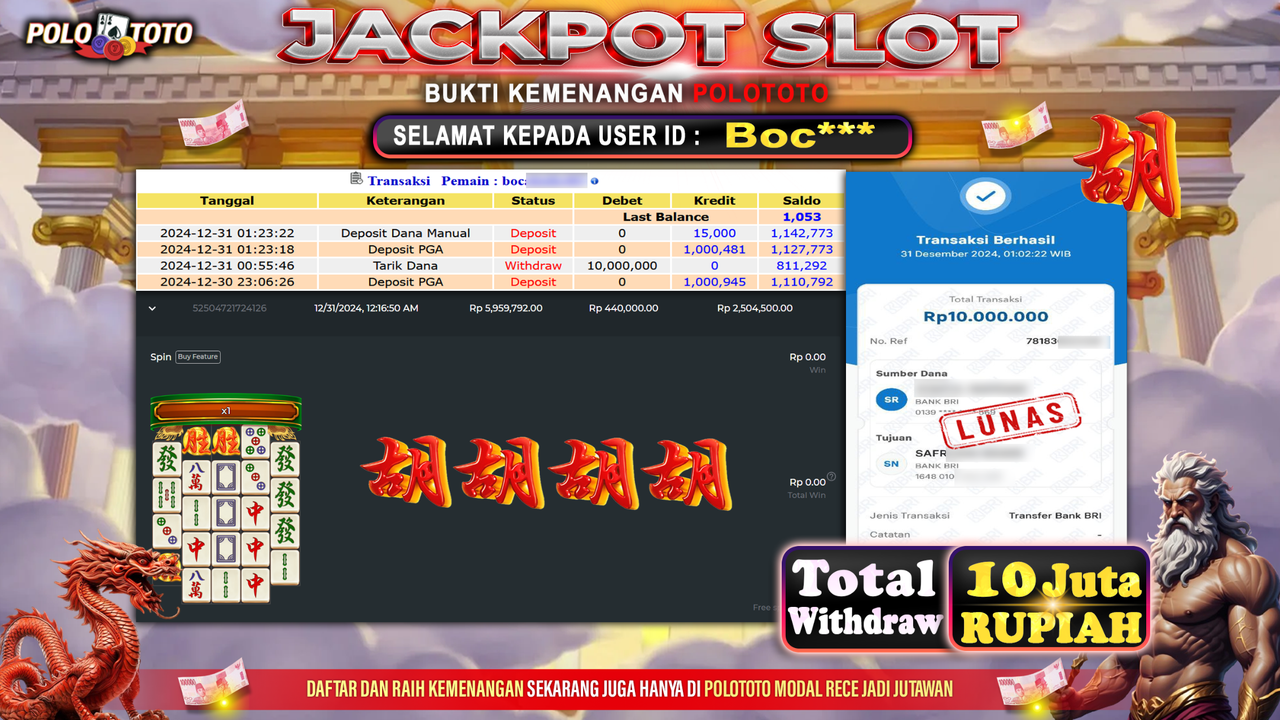 POLOTOTO JACKPOT SLOT MAHJONG WINS 2 Rp.10,000.000,-