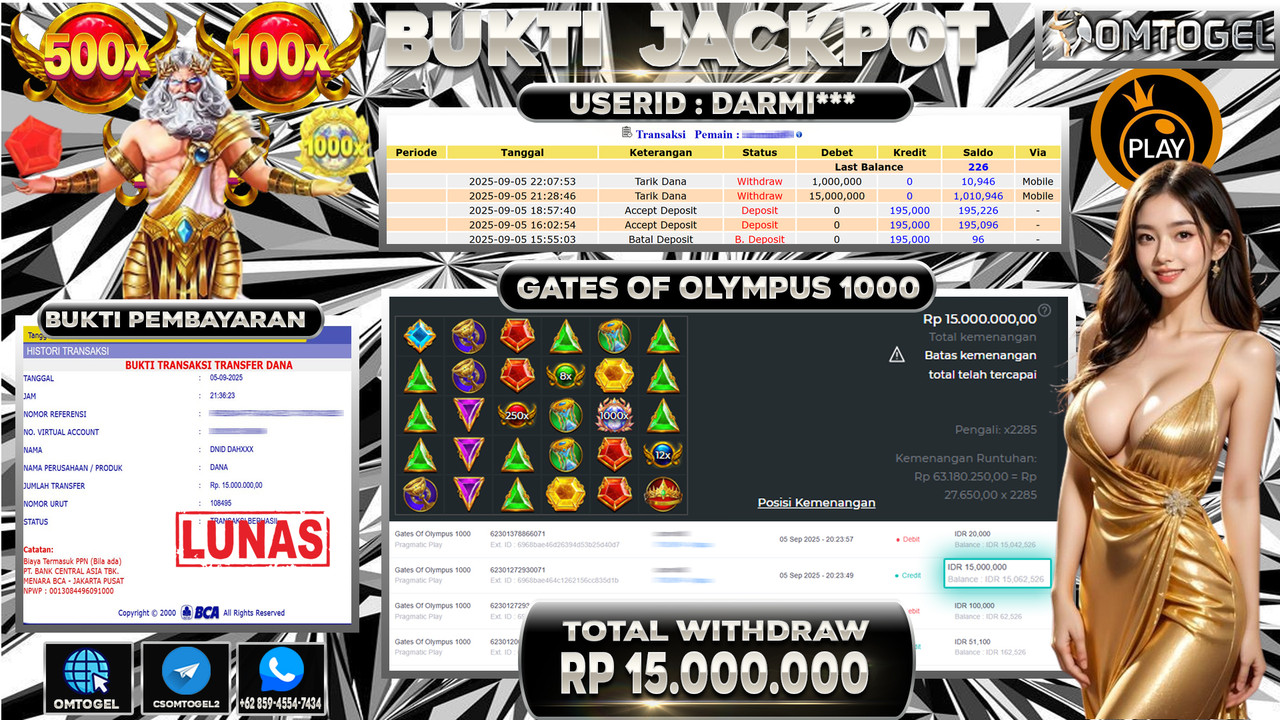OMTOGEL JACKPOT PRAGMATIC PLAY GATES OF OLYMPUS 1000 15 JUTA DI BAYAR LUNAS ,-