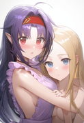 2girl, {yuuki, sao}, purple hair, red eyes, nude apron, {abigail williams, fate} s-600200803
