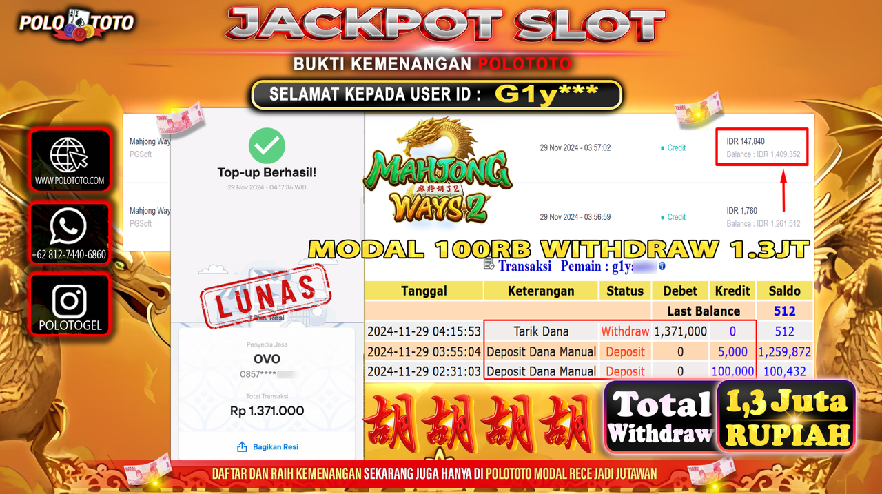 POLOTOTO JACKPOT SLOT MAHJONG WAYS 2 Rp.1,371.000,- 