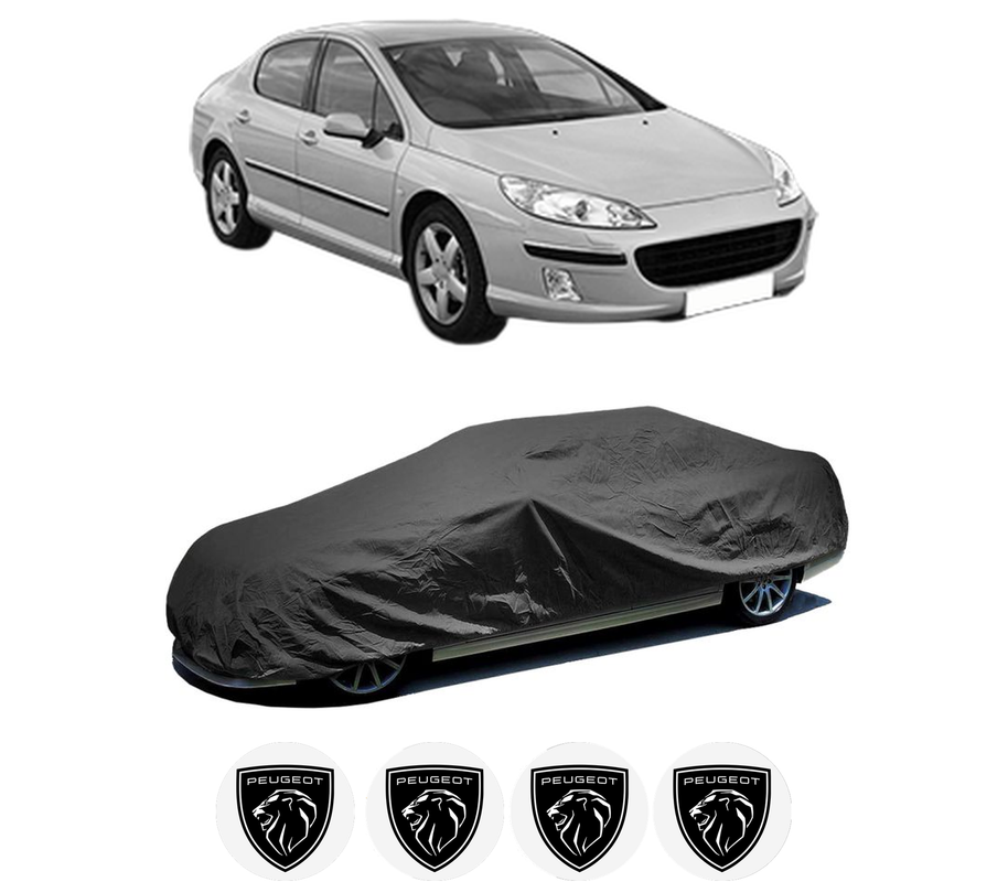 Husa tip prelata auto pentru PEUGEOT 407 (6D_) din 2004-2011, Culoare Negru, material textil impermeabil, rezistanta la intemperii praf UV, CARPASSION Husa Protectie, 4 Stickere auto cu PEUGEOT