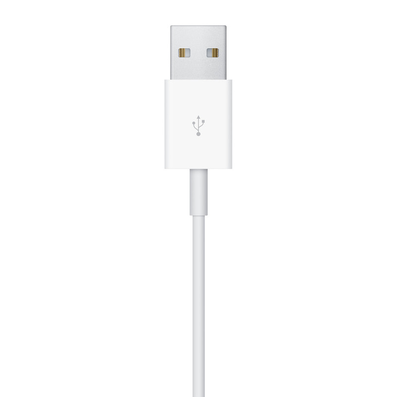 El cable de carga magnética conectado a un adaptador de corriente.