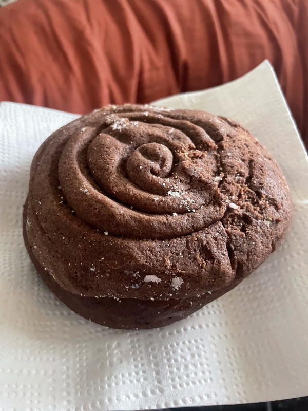 a photo of a chocolate concha with equally chocolate bread. all of it is dark brown, and it is sitting on a napkin in front of a burnt-orange pillow in the background.