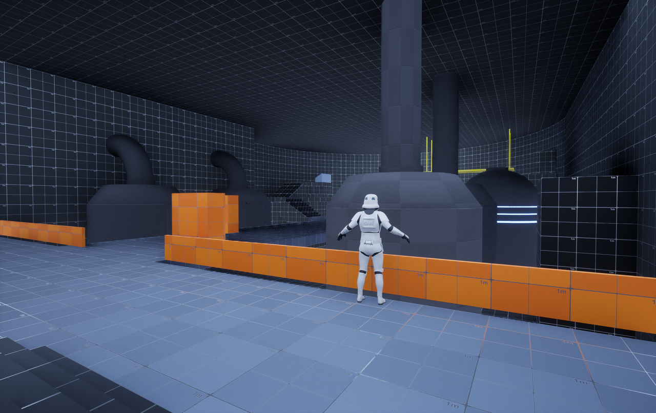 Refinery room blockout with industrial shapes, cover lanes, and a central objective-scale structure