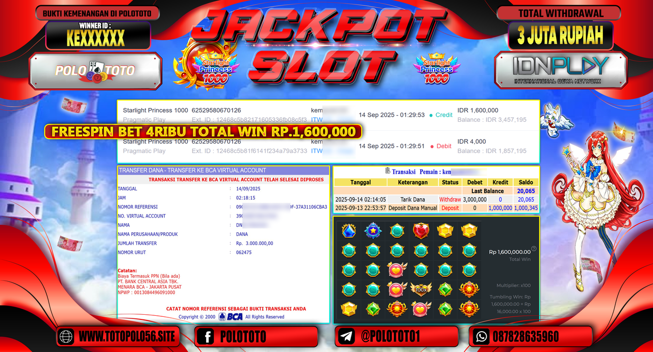 POLOTOTO JACKPOT SLOT STARLIGHT PRINCESS 1000 Rp.3.000.000,-