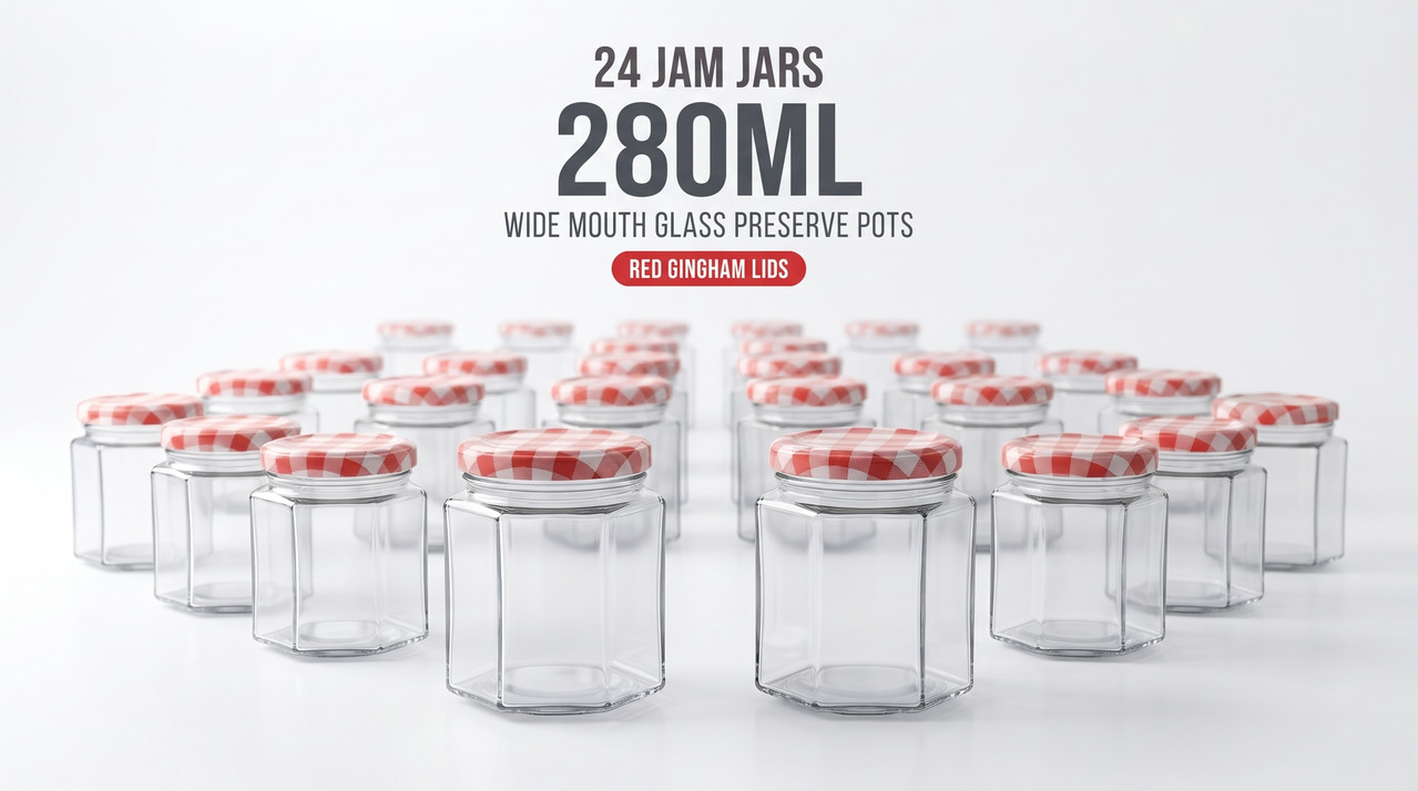 24 x Jam Jars 280ML Wide Mouth Glass Preserve Pots with Red Gingham Lids