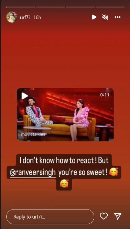 Urfi Javed reacts to Ranveer Singh calling her ‘fashion icon’ on Koffee with Karan season 7