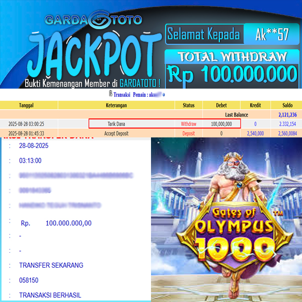 JACKPOT DI PERMAINAN  SLOT PRAGMATIC PLAY GATES OF OLYMPUS  1000 WD Rp 100.000.000,- DIBAYAR LUNAS GARDATOTO MANTAP !
