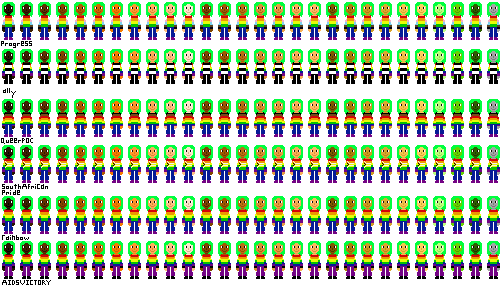 a row of people with pride flag shirts and dark green hair