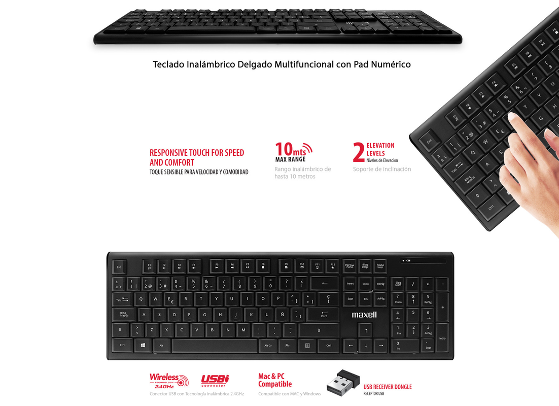 Teclado inalámbrico delgado de Maxell en color negro.