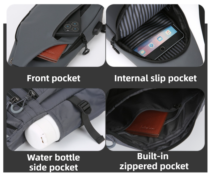 Grey Waterproof Unisex Chest Bag with USB Charging & Headphone Port - 3-Layer Large Capacity PU Leather Crossbody Bag