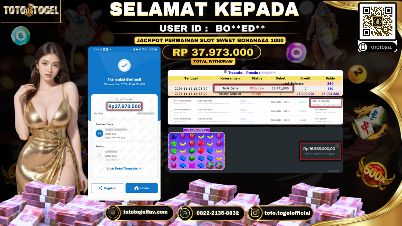 Bukti Pembayaran Jackpot Permainan Slot Swet Bonanza 1000  ID: BO**ED** LUNAS 