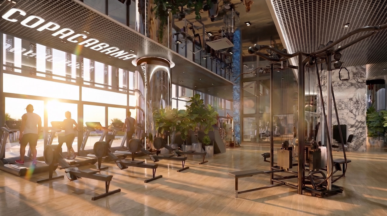 High Ceiling Gym with sea views