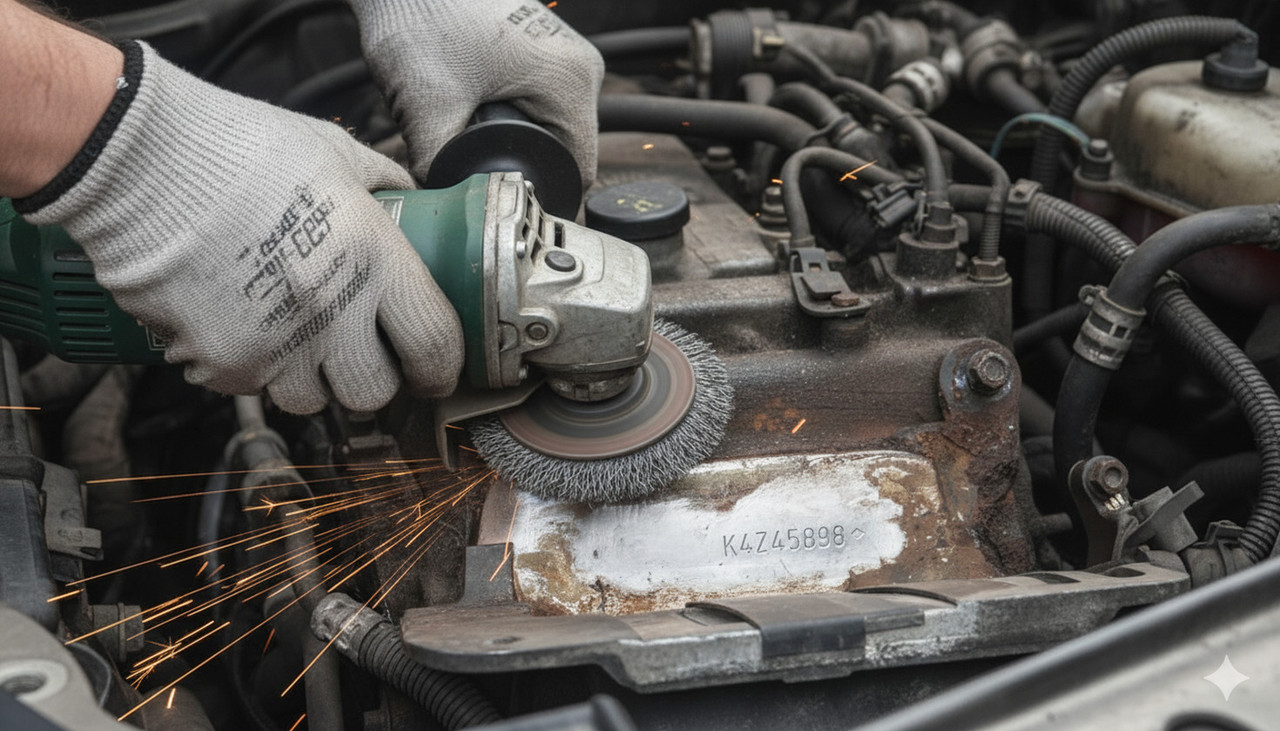 Очистка блока цилиндров для поиска выбитого номера двигателя Cummins