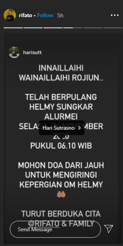 Helmy Sungkar meninggal dunia pada usia 68 tahun.