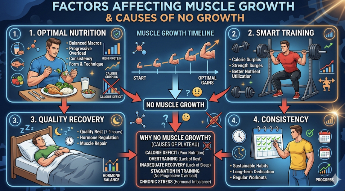 Assortment of high-calorie whole foods for muscle growth including chicken, eggs, rice, oats, peanut butter, and sweet potatoes, representing fix for muscles not growing
