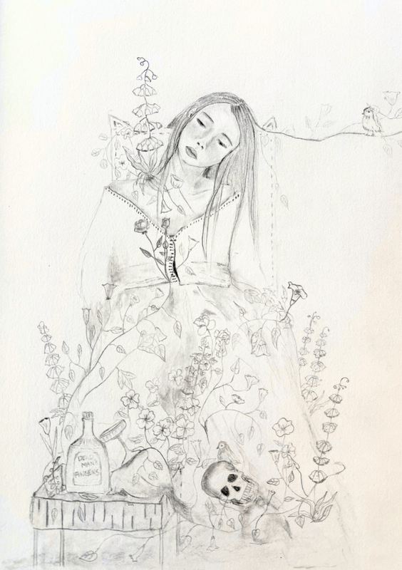 Graphite drawing of a reclining woman surrounded by flowers, a skull, and a bottle of Dead Man's Fingers