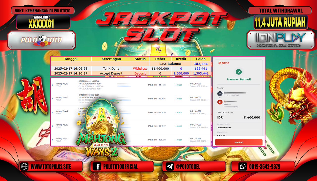 POLOTOTO JACKPOT SLOT MAHJONG WAYS 2 Rp.11.400.000,-