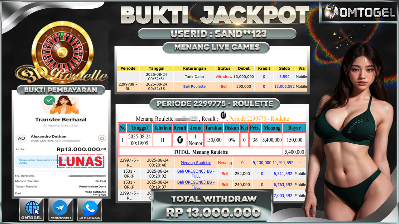 OMTOGEL JACKPOT LIVE GAMES ROULETTE 13 JUTA DI BAYAR LUNAS ,-