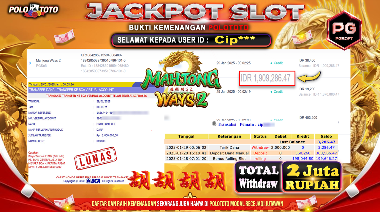POLOTOTO JACKPOT SLOT MAHJONG WAYS 2 Rp.2,000.000,-